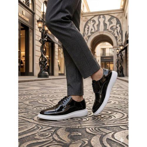 BA0003 Siyah Kapaklı Burun Bağcıklı Rugan Beyaz Taban Erkek Oxford Ayakkabı