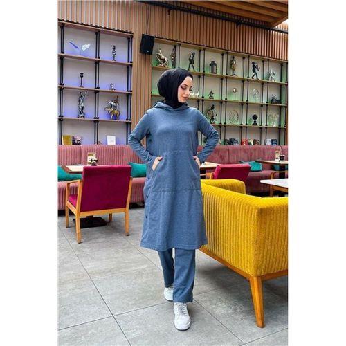 Kapşonlu Yandat Çıtçıtlı Sade Basic Uzun Tunik ve Pantolon İkili Spor Takım - 03071.006 - İndigo