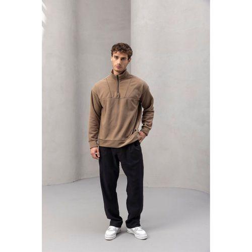 Crowe Şerit Detaylı Yarım Fermuar Polar Sweatshirt Bej - Bezayağı Kumaş Pantolon Siyah