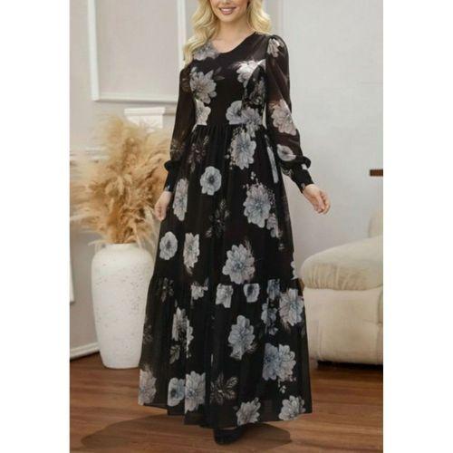 Kadın Uzun Kollu V Yakalı çiçek Desenli Maxi Süprem Elbise