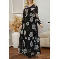 Kadın Uzun Kollu V Yakalı çiçek Desenli Maxi Süprem Elbise