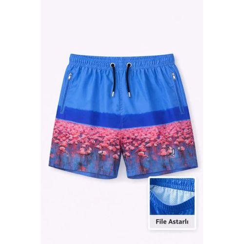 Erkek Deniz Şortu Fermuarlı Cepli File Astarlı Hızlı Kuruyan Premium - Mavi