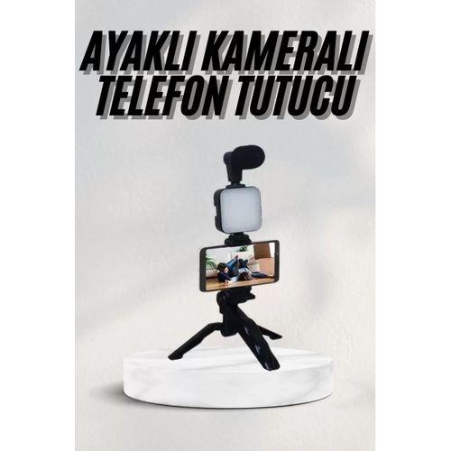 Telefon Tutucu Led Işıklı Kumandalı Mikrofon Telefon Vlog Video Kayıt