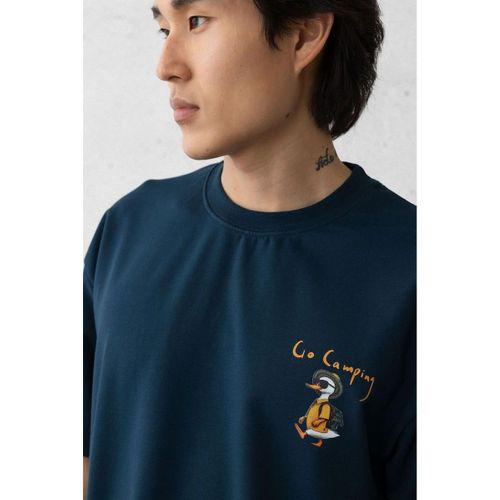 Cep Baskılı İki İplik Kumaş Pamuklu Oversize Erkek T-Shirt - Prusya Mavisi