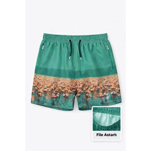 Erkek Deniz Şortu Fermuarlı Cepli File Astarlı Hızlı Kuruyan Premium - Su Yeşili