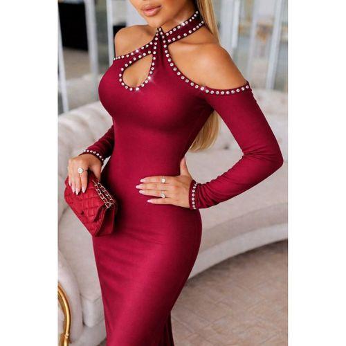 Kadın Omuzlardan Açık Boyundan Geçmeli Damla Detaylı Taşlı Midi Dalgıç Elbise