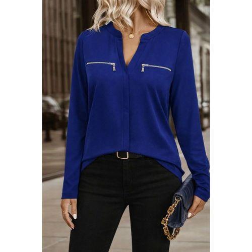 Kadın Uzun Kollu V Hakim Yaka Fermuar Detaylı Viskon Bluz