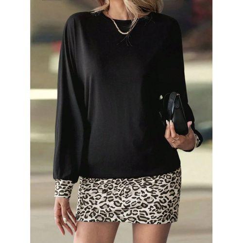 Kadın Uzun Kollu Bisiklet Yaka üst Viskon Iki Iplik Alt Leopar Desenli Mini Elbise