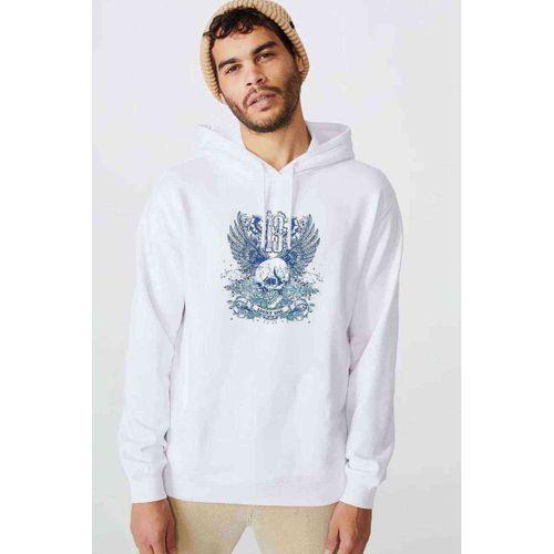 Beyaz Ve Mavi Kafatası Baskılı Beyaz Erkek Kapşonlu Sweatshirt