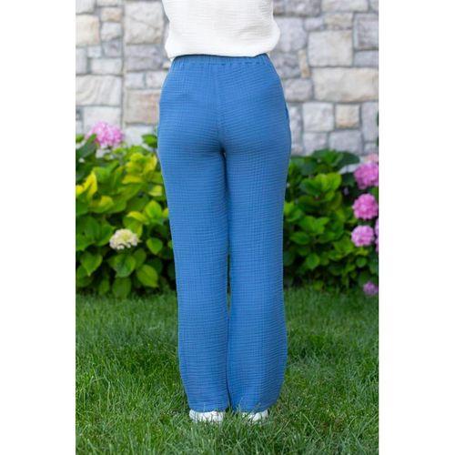 Beli Lastikli Multi Çift Cepli Müslin Kadın/Erkek Unisex Yazlık Pantolon İndigo indg