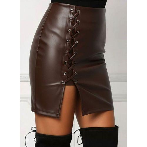 Kadın Yüksek Bel Yandan çapraz Bağcıklı Yırtmaçlı Mini Deri Etek