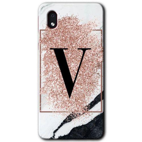 Potkal Hediye Fabrikası Samsung Galaxy A01 Core Kılıf HD Desen Baskılı Arka Kapak - Pembe Mermer Desenli V Harfi