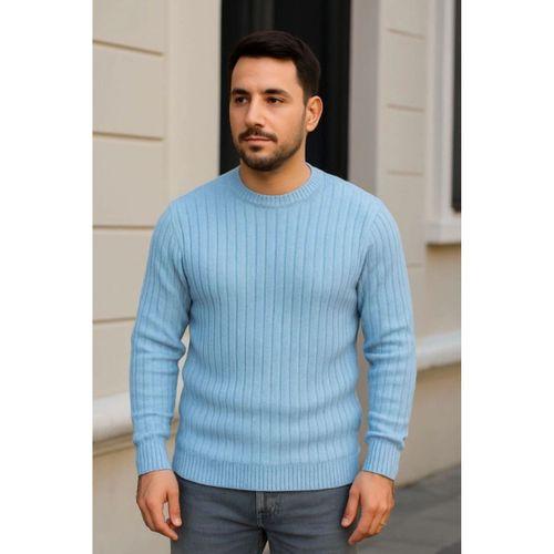 Erkek Bisiklet Yuvarlak Yaka Triko Kazak Pamuklu Kalın Fitilli Dokuma, Regular Fit Uzun Kollu Kışlık Model - Bebe Mavisi