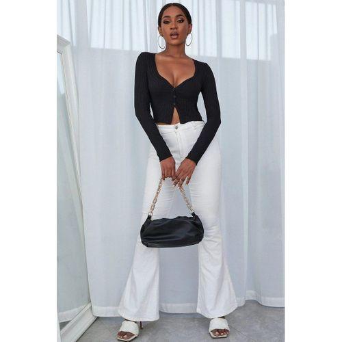 Kadın Siyah Uzun Kollu Düğmeli Göğüs Ve Göbek Dekolteli Crop Top Bluz