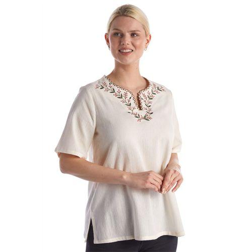 Şile Bezi Kısa Kol Krem Nakışlı V Yaka Yazlık Otantik Bluz