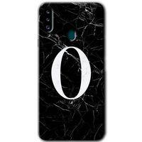 MRCİLETİSİM MRCİLETİSİM Samsung Galaxy A20s Kılıf HD Desen Baskılı Arka Kapak + Temperli Cam - Siyah Mermer Desenli O Harfi