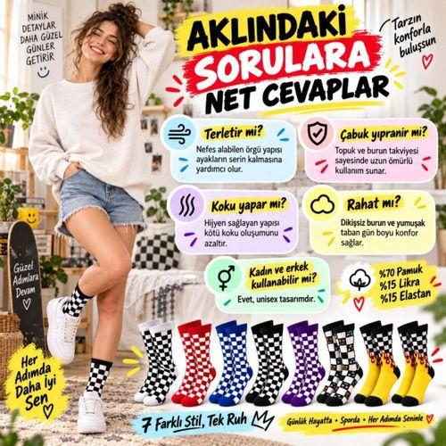 Unisex Çorap Dama Desenli Renkli 7'li Set Kareli Alev Desen Uzun Soket Günlük Spor Çorabı