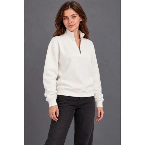 Üç İplik İçi Şardonlu Dik Yaka Yarım Fermuarlı Kışlık Sweatshirt - Beyaz