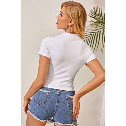 Kadın Beyaz Yarım Fermuarlı Ve Kısa Kollu Crop Top Bluz