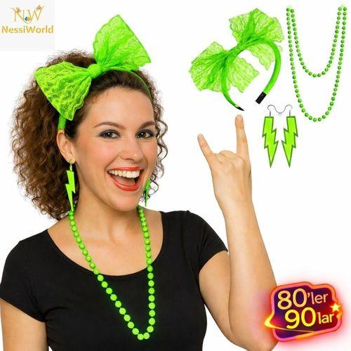 80’ler 90’lar Neon Yeşil Parti Seti – Kolye Küpe Taç
