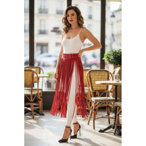 Kırmızı Etek Püsküllü Suni Deri Etek Yüksek Bel Etek - Brf1090