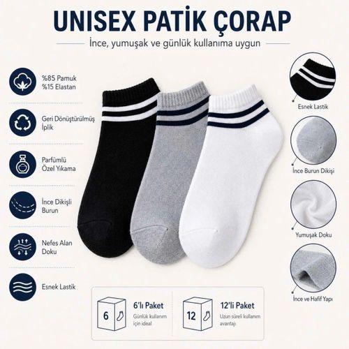 Unisex Çizgili Patik Çorap 6'lı | %85 Pamuklu Geri Dönüşüm İplikli, İnce Dikişli Spor