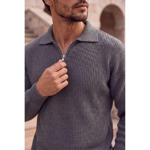 Gibson Oversize Yarım Fermuar Gömlek Polo Yaka Selanik Örme Erkek Triko Kazak - Füme