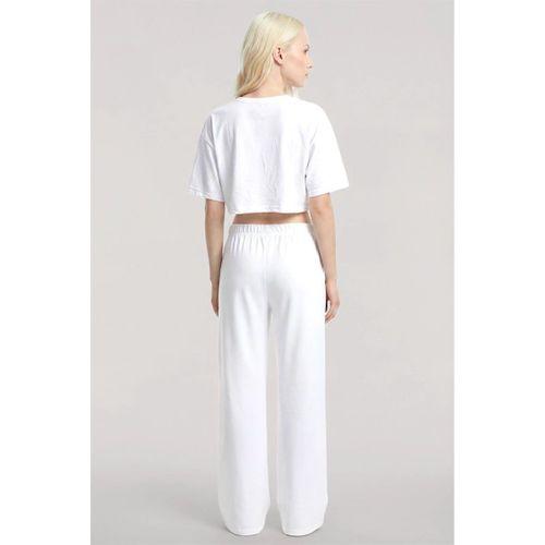 Kadın Beyaz Baskılı Crop T-shirt Pantolon Takım %100 Pamuk Rahat 2’li Set