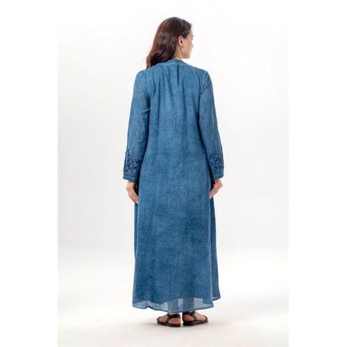 Uzun Kol Nuray Düğmeli Yuvarlak Yaka Çift Cepli Poplin Ferace İndigo indg