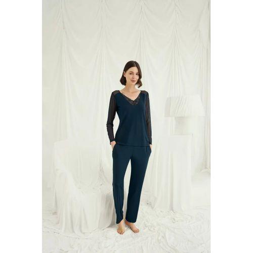 Sırt Dekolteli Uzun Kollu Tüllü Ve Dantelli Pijama Takımı