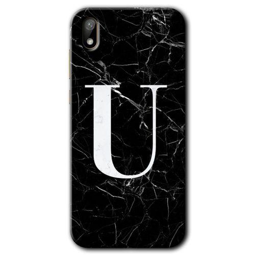 Huawei Y5 2019 Kılıf HD Desen Baskılı Arka Kapak + Temperli Cam - Siyah Mermer Desenli U Harfi