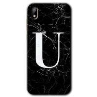 Huawei Y5 2019 Kılıf HD Desen Baskılı Arka Kapak + Temperli Cam - Siyah Mermer Desenli U Harfi