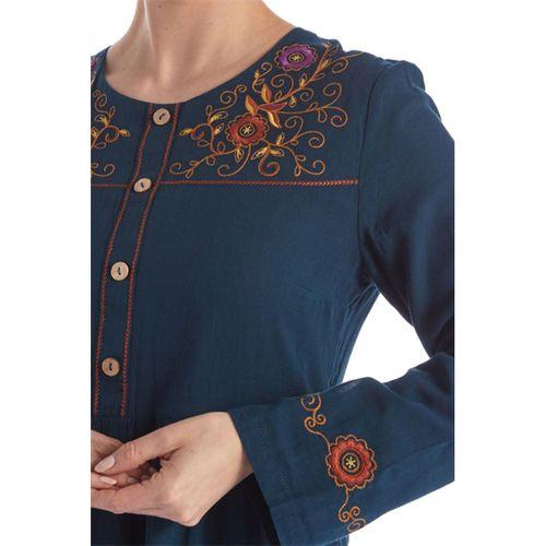 Uzun Kol Bisiklet Yaka Nakışlı Vual Petrol İlkbahar & Yazlık Elbise