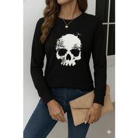 Kadın Uzun Kollu Bisiklet Yaka Kurukafa Desenli Viskon Bluz