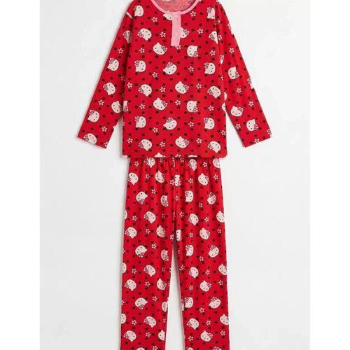 6/14 Yaş Karakter Kedi Baskılı Pamuk Penye Çocuk Pijama Takımı