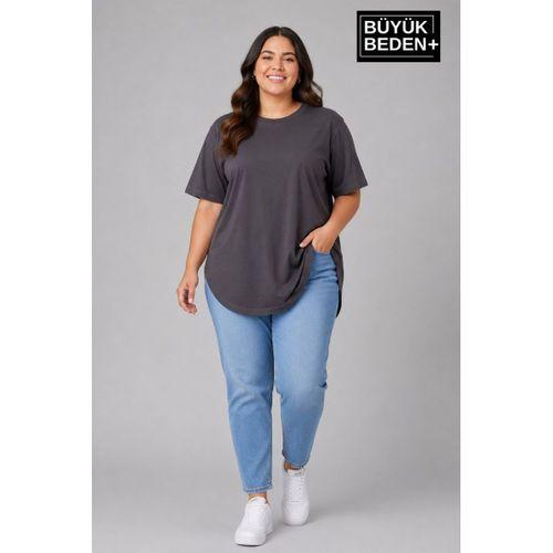 Süperlife Büyük Beden Kadın Bisiklet Yaka Basic Oval Etek Detalylı 3xl-6xl Uzun Tunik SPR26BTSK502