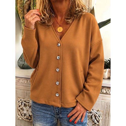 Kadın Düğme Detaylı V Yaka Oversize Camel Ceket / Hırka