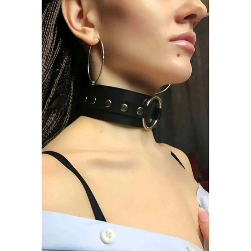 Halka Detaylı Ayarlı Geniş Şerit Şık Deri Choker Boyun Aksesuar - Brf671
