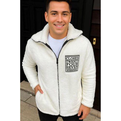 Erkek Polar Fermuarlı Sweatshirt – Kapüşonsuz, Cepli, Yumuşak Dokulu, Oversize Rahat Kalıp, Kışlık Sıcak Tutan Fermuarlı Üst - Beyaz