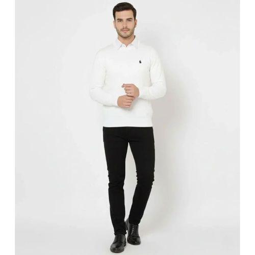 Erkek Bisiklet Yaka Nakış Işlemeli Triko Kazak Yumuşak Dokulu Pamuklu Ince Dokuma, Uzun Kollu Rahat Regular Kalıp - Beyaz