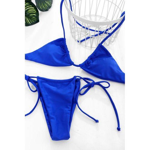 Kadın Mavi Yandan Bağlamalı Tangalı Üçgen Bikini Mayo Takımı