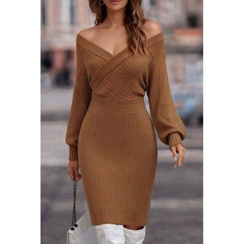 Kadın Uzun Kollu Omuzlardan Açık Kruvaze Yaka Kısa Triko Elbise