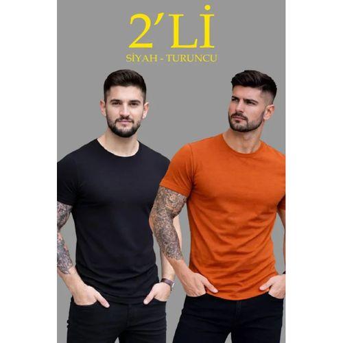 Erkek 2li Bisiklet Yaka Tişört – Kısa Kollu Yazlık Slim Fit Body - Siyah - Turuncu