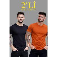 Erkek 2li Bisiklet Yaka Tişört – Kısa Kollu Yazlık Slim Fit Body - Siyah - Turuncu