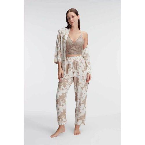 İp Askılı V Yaka Çiçek Desenli Yazlık Dokuma Dantel Detaylı Sabahlık Pijama Takımı