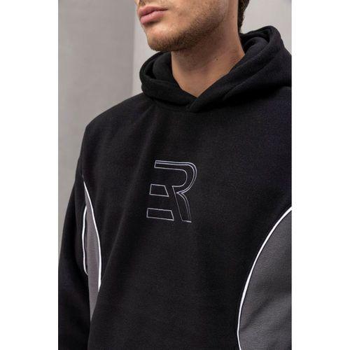 Frank Parçalı Kontrast Desenli Kapüşonlu Oversize Cepli Polar Erkek Sweatshirt - Siyah