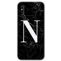 MRCİLETİSİM Xiaomi Redmi 9A Kılıf Baskılı Kapak - Siyah Mermer Desenli N Harfi + 5D Tam Kaplayan Cam