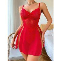 Kadın Kırmızı Fantezi Gecelik Tül Fiyonk Detaylı Yanları Dekolteli 2160