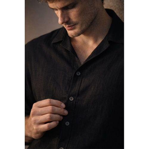 Apaş Yaka Oversize Müslin Kumaş Gömlek - Siyah