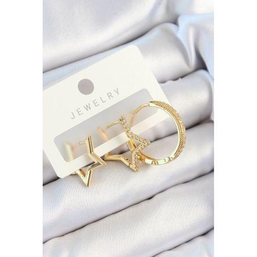 Pirinç Zirkon Taşlı Yıldız Ve Halka Model Gold Renk 3'lü Çift Kadın Küpe Set